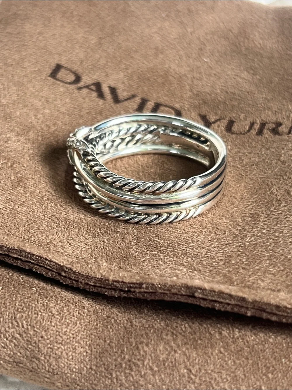 David Yurman Pavé Diamond Accent X Crossover Silver Knot Band Ring 7